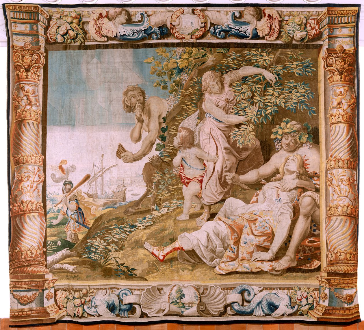 Vlámský gobelín. Seriál Příběh Thésea. Theseus opouští Ariadnu na ostrově Naxos (Teseo abandona a Ariadna en la Isla de Naxos). Osmý gobelín v sérii. Model Anthonis Sallaert. Výroba Jan Raes mladší, Brusel. Cca 1630. Fabric S od Antoine or Anthonis Sallaert