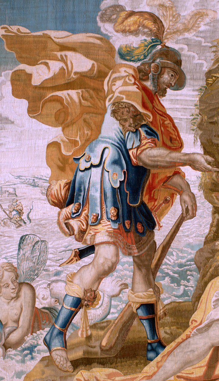 Vlámský gobelín. Seriál Příběh Thésea. Theseus dostává Mínův prsten od Amfitríta (Teseo recibe de Anfítrite la sortija de Minos). Pátá tapisérie v sérii. Model Anthonis Sallaert. Výroba Jan Raes mladší, Brusel. Cca 1630. Tkanina Hedvábí od Antoine or Anthonis Sallaert
