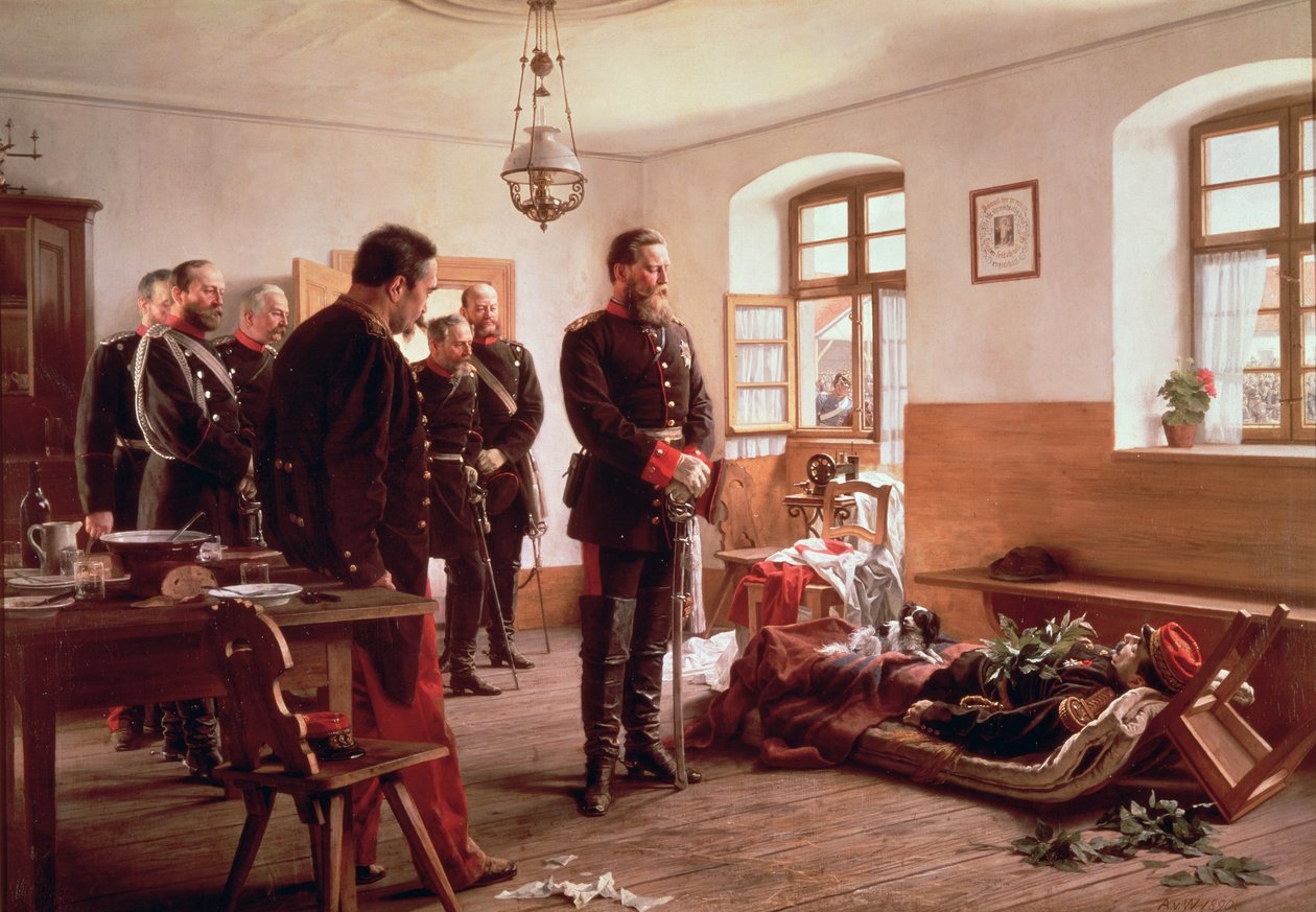 Korunní princ Frederick u mrtvoly generála Douaye v bitvě u Wissembourgu, 1870 od Anton Alexander von Werner