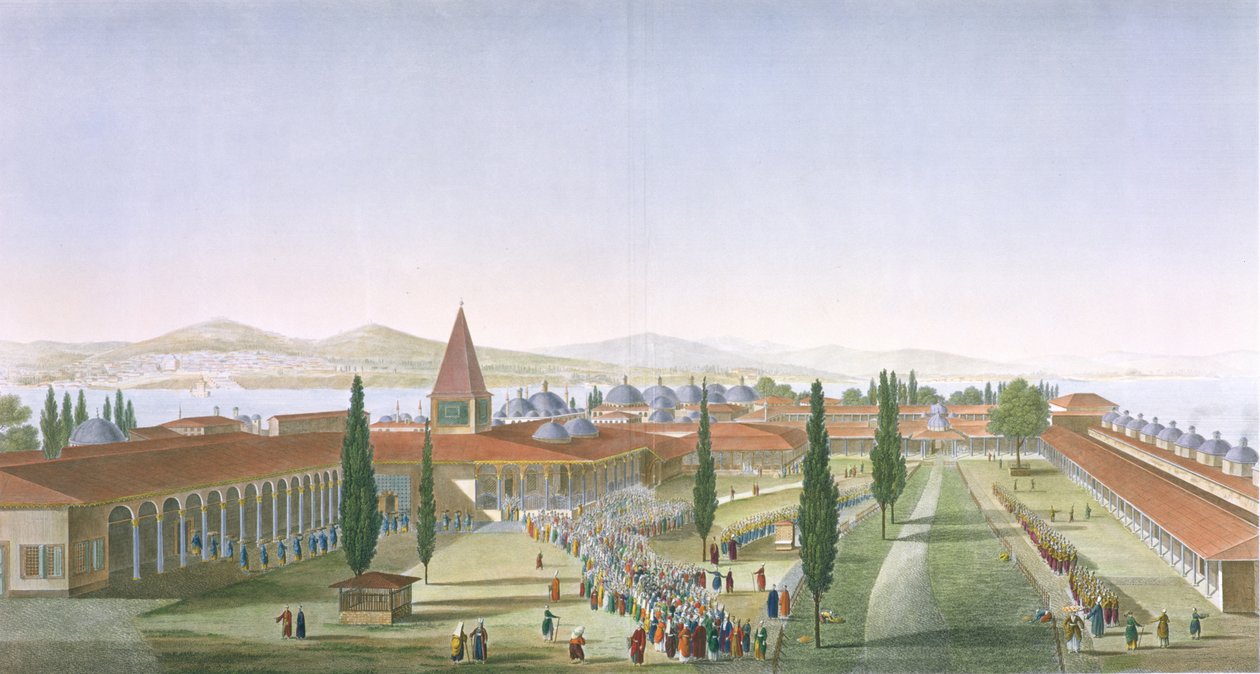 Pohled na vnitřní nádvoří Seraglio, palác Topkapi, Konstantinopol, vyryto Schroederem a Desmaisonsem, 1815 (akvatinta) od Anton Ignaz Melling
