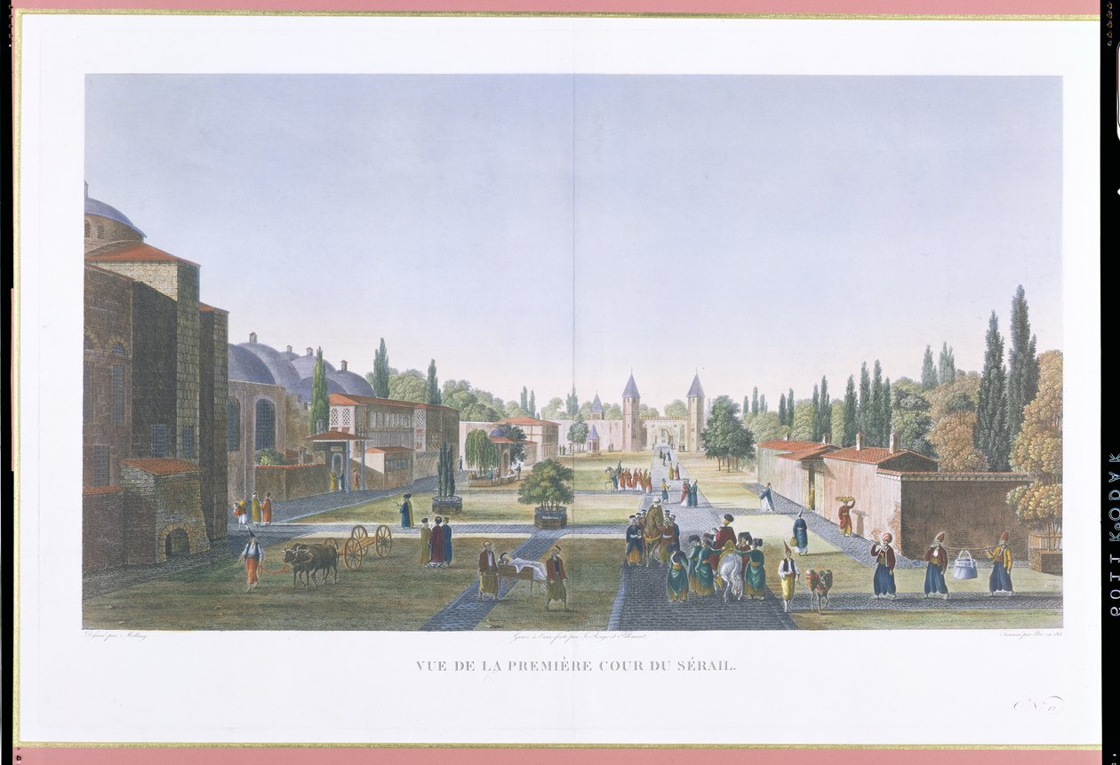 Pohled na vnější nádvoří Seraglio, palác Topkapi, Konstantinopol, rytý Jean Nicolas Le Rouge a Jean Baptiste Pillement, 1815 (akvatinta) od Anton Ignaz Melling