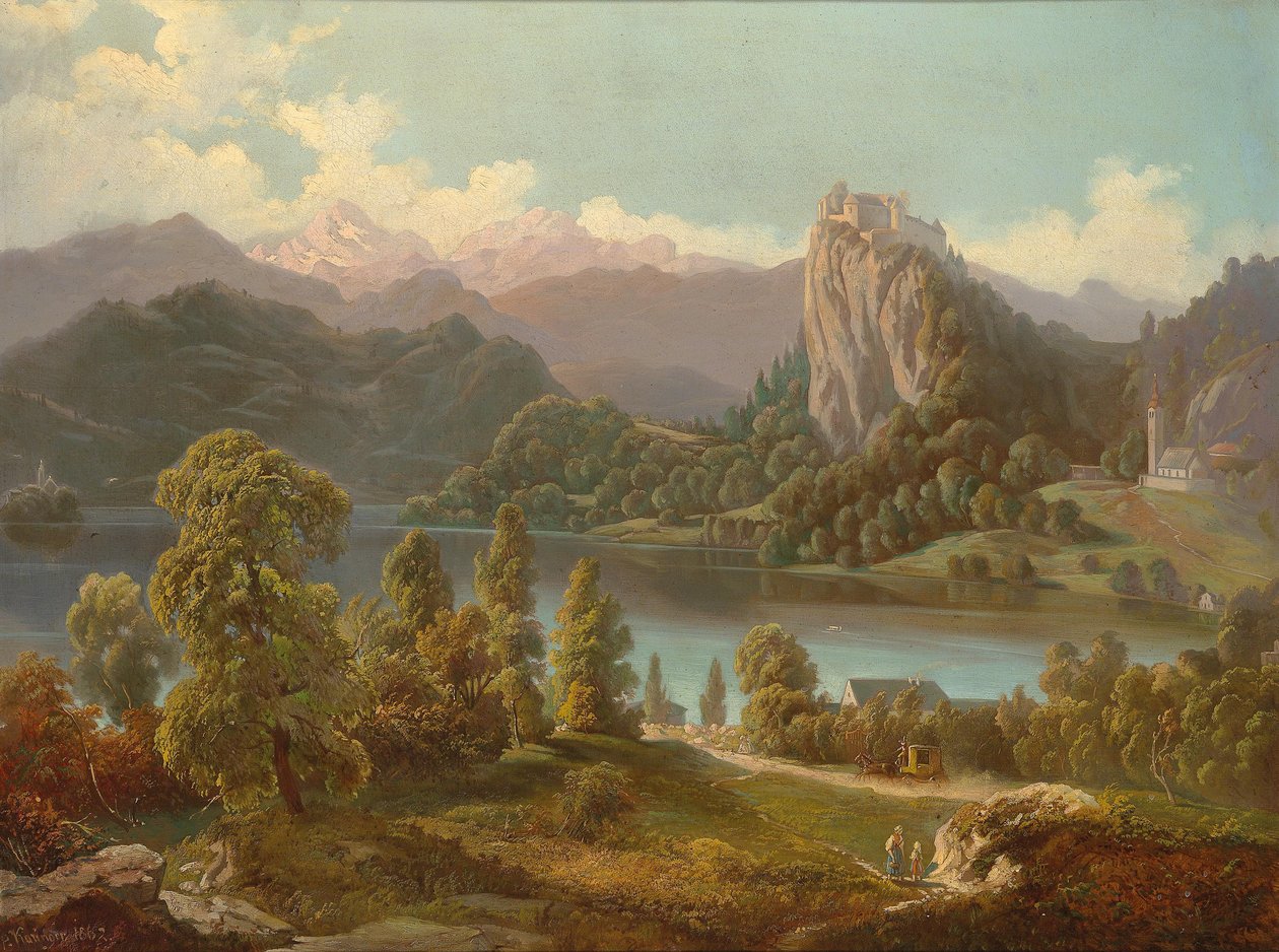 Pohled na hrad a ostrov s kostelem Panny Marie na jezeře Bled od Anton Karinger