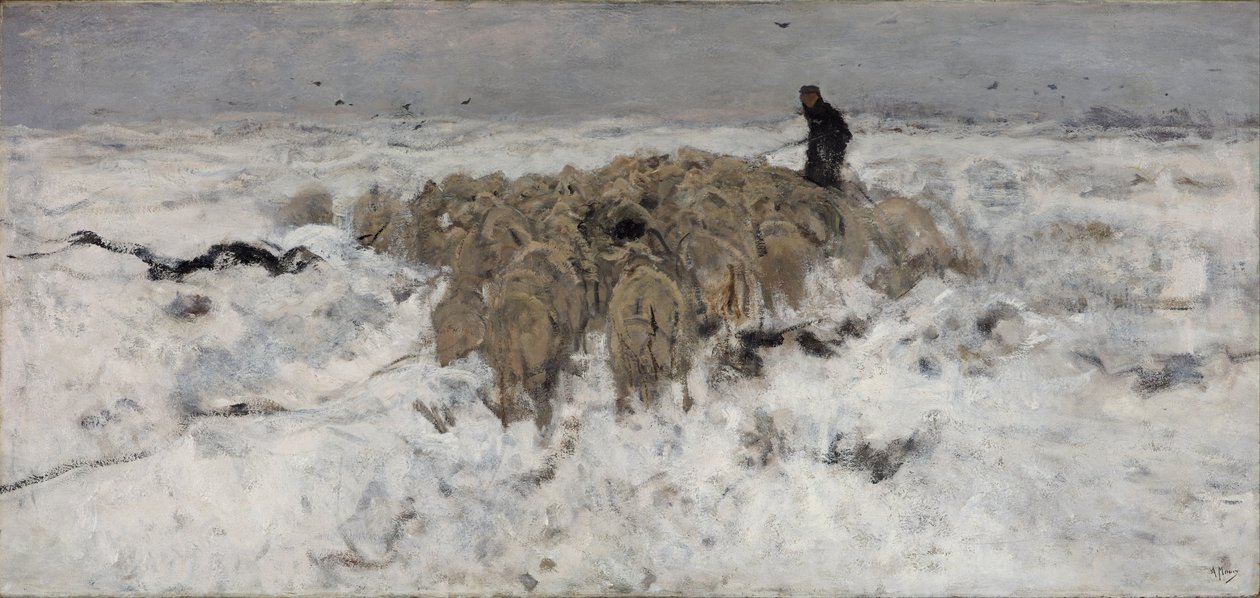 Stádo ovcí s pastýřem ve sněhu od Anton Mauve