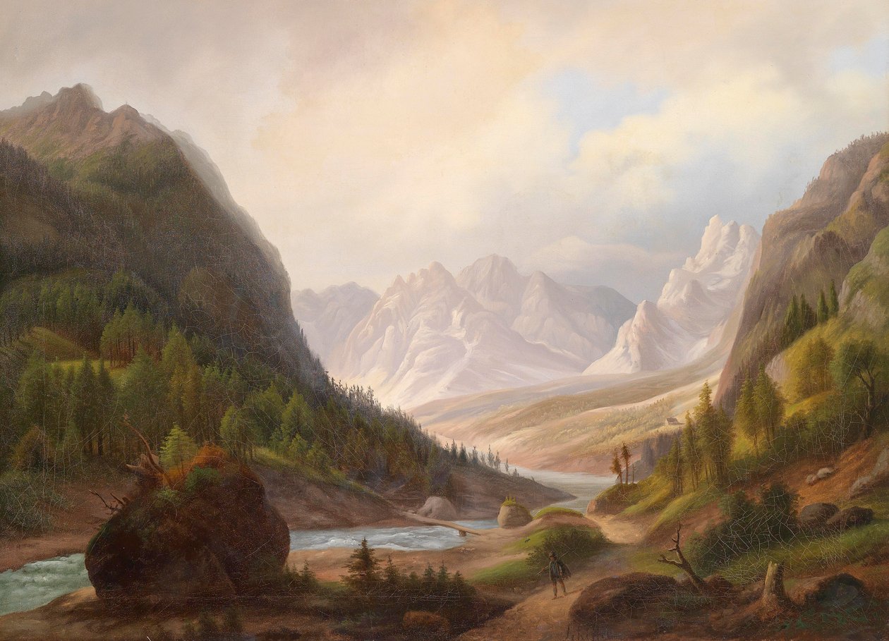 Turisté v horském údolí od Anton Schiffer
