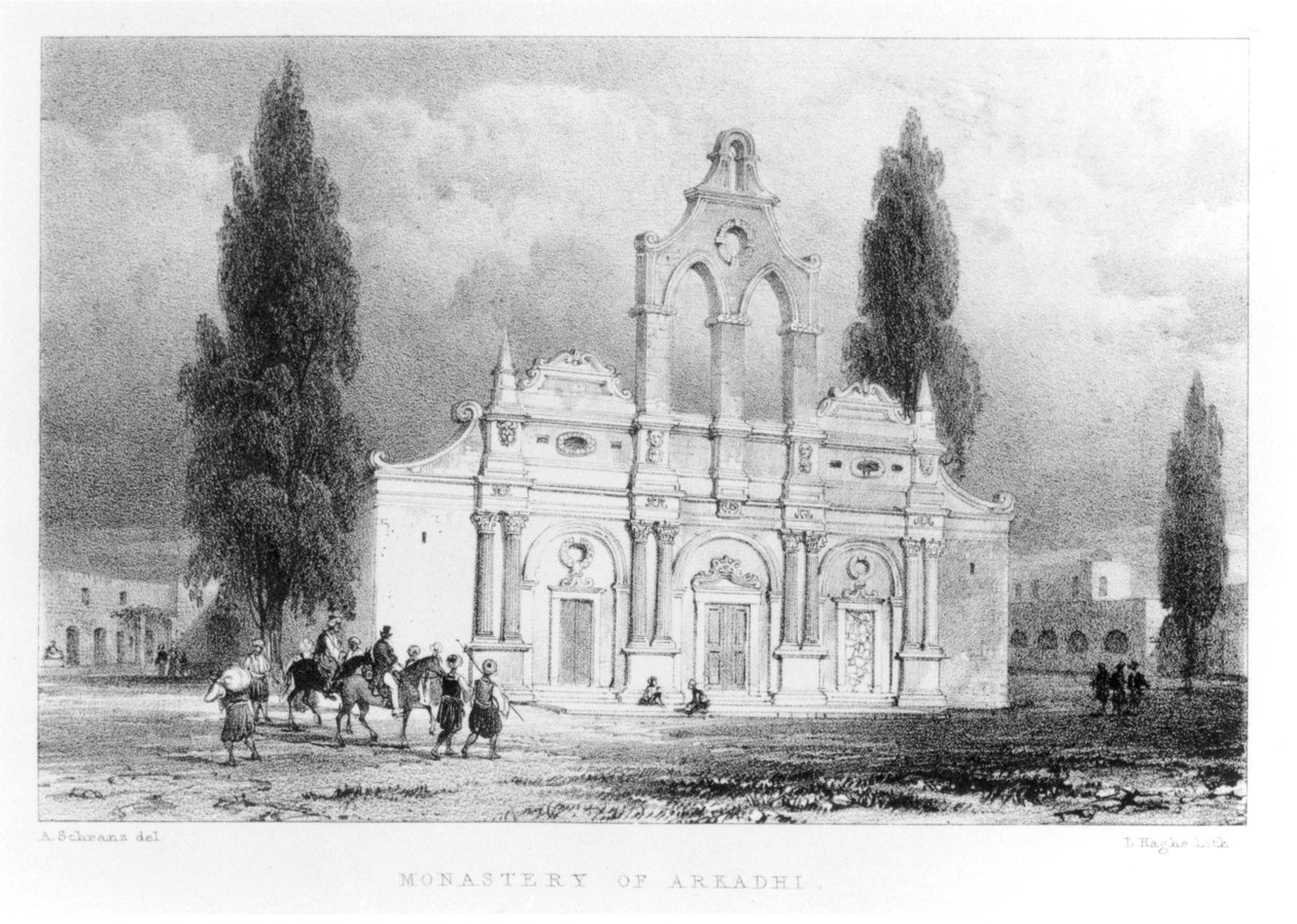 Klášter Arkadhi, Kréta, z „Cestování na Krétě“ od Pashleyho, vyrytý Louis Haghe (1806-85) 1837 od Anton Schranz