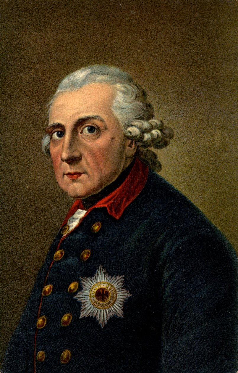 Dějiny. Německo. Fridrich II Veliký. Ilustrace inspirovaná portrétem Antona Graffa (1780), Německo, cca 1900 (pohlednice) od Anton (after) Graff