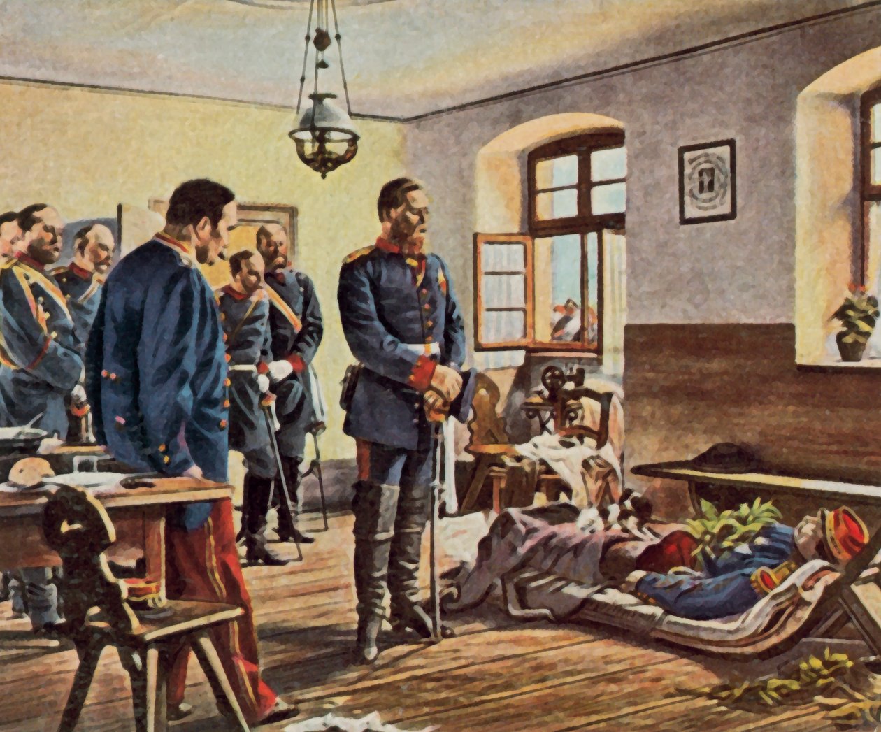 Korunní princ Friedrich Wilhelm u těla generála Douaye, 4. srpna 1870 (barevná litografie) od Anton Alexander von (after) Werner