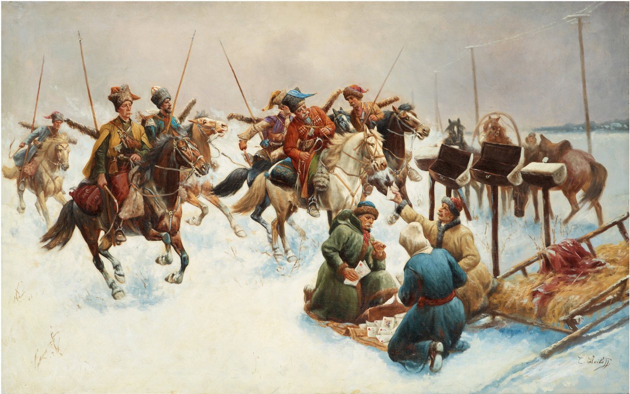 Zimní krajina s kozáky (doručování poštou) - Obraz Adolfa Baumgartnera Stoiloffa (Baumgartner-Stoiloff) (1850-1924), olej na plátně, 82x130 cm - Soukromá sbírka od Anton Baumgartner Stoiloff