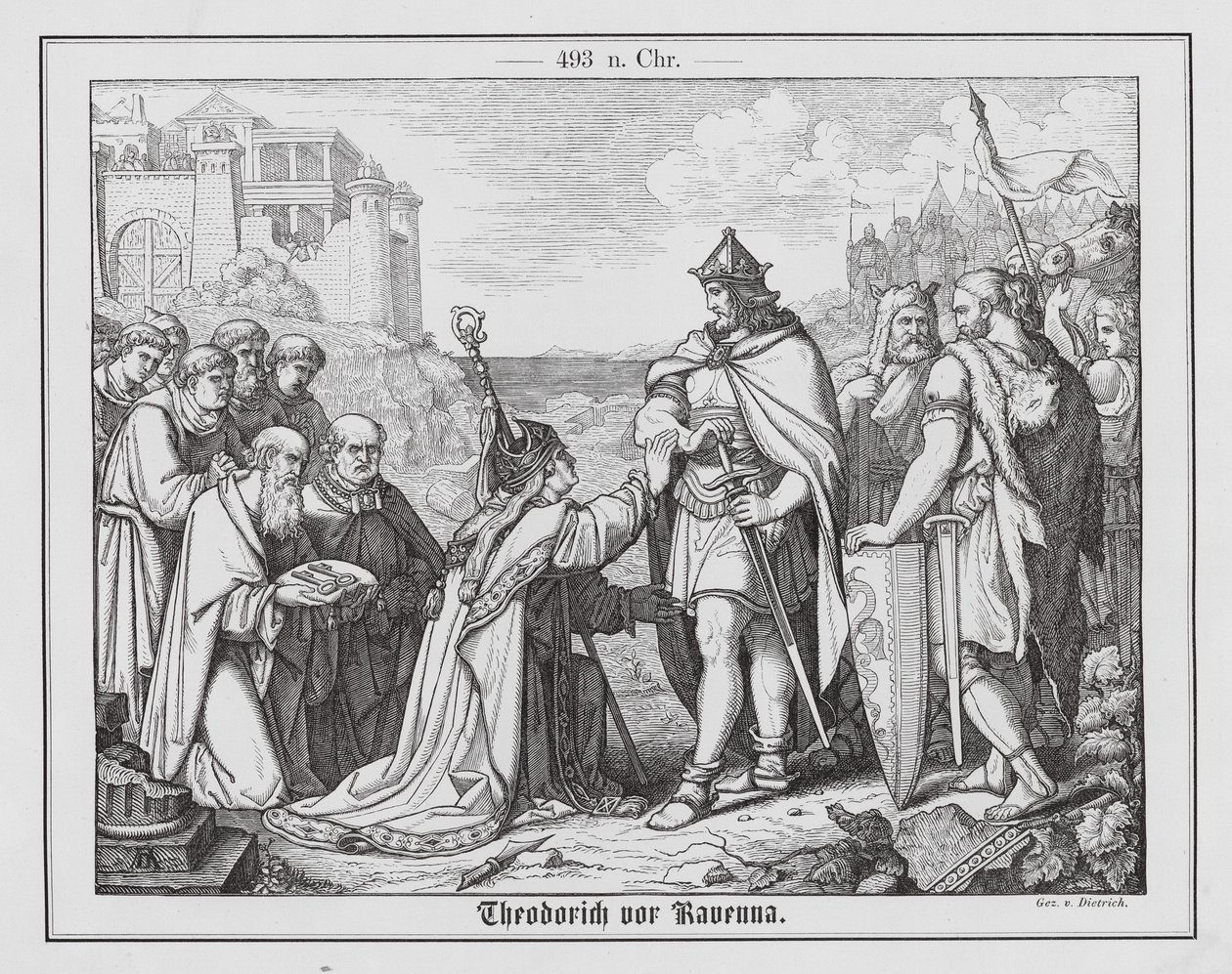Theodorik Veliký před Ravennou, 493 (rytina) od Anton Dietrich