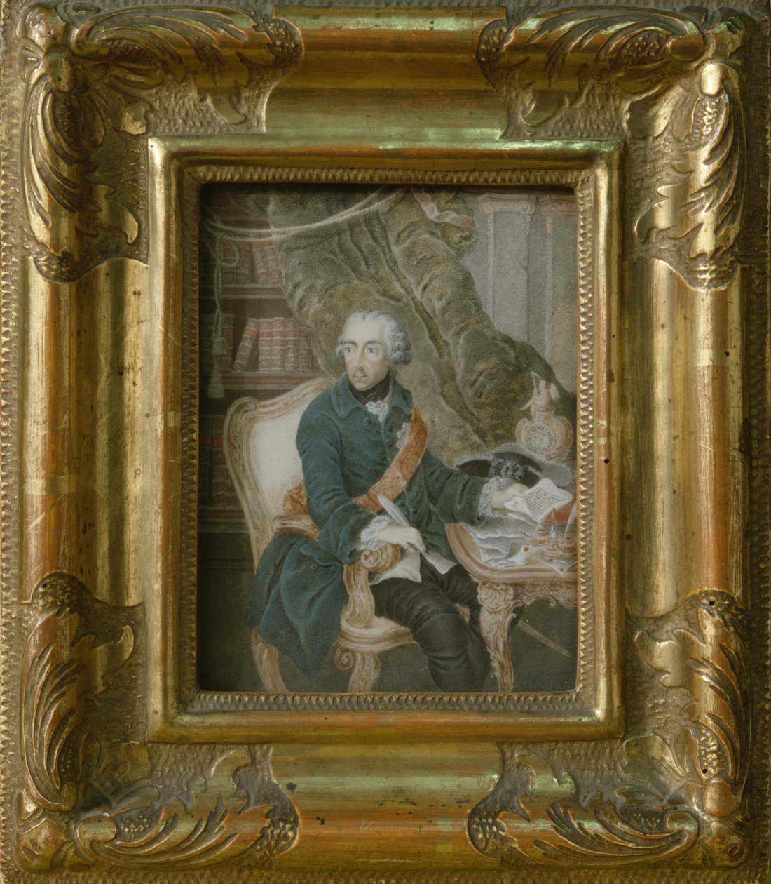 Pruský král Fridrich II. v hohenzollernském saku, 1769 (akvarel na slonovině) od Anton Friedrich Konig