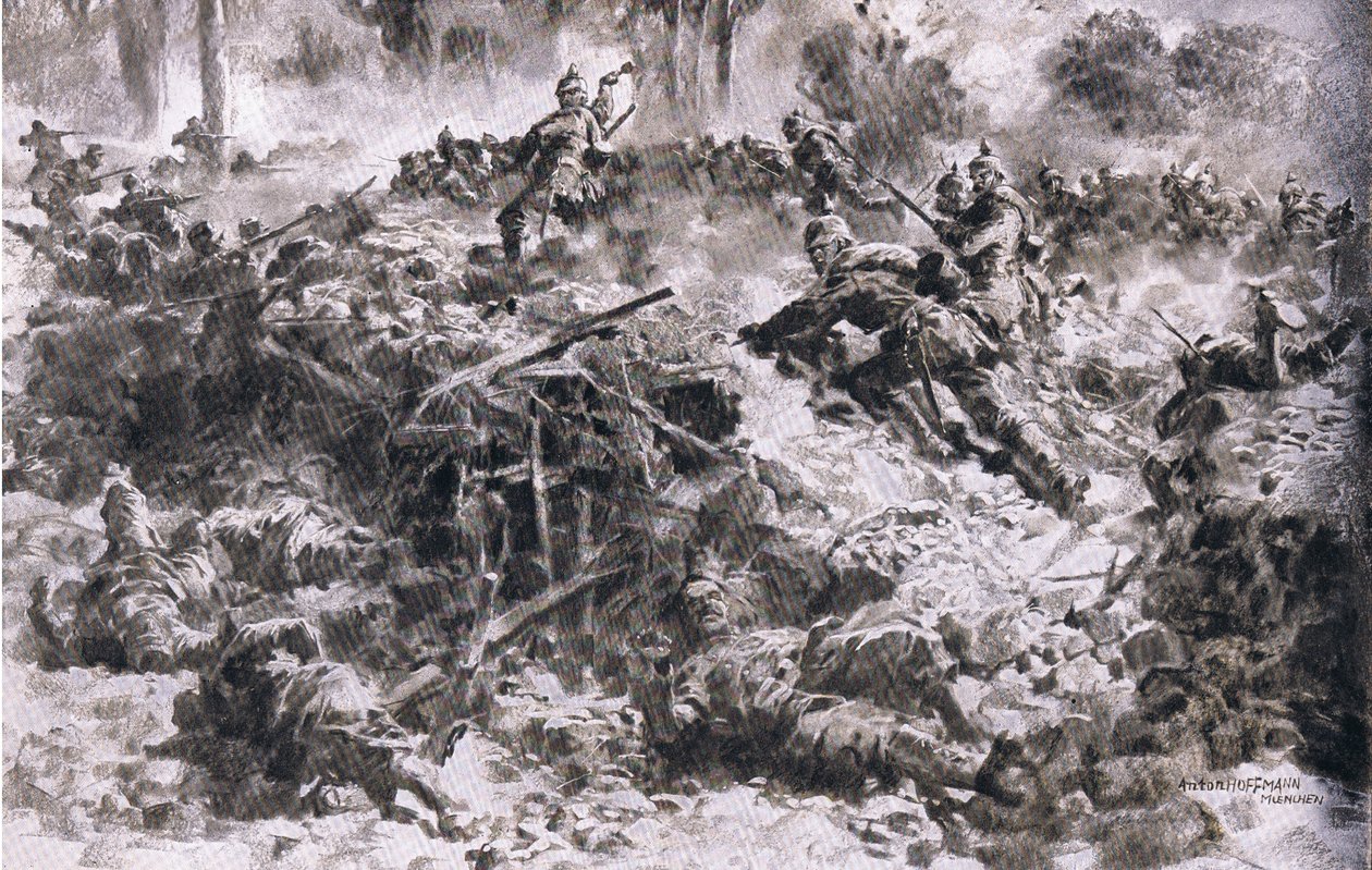 Wuerttemberští královští granátníci prorážejí nepřátelská umístění v Argonnes, z hospody Ilustrovaná historie světové války 1914-1915. od Union Berlagsefellfchaft od Anton Hoffman