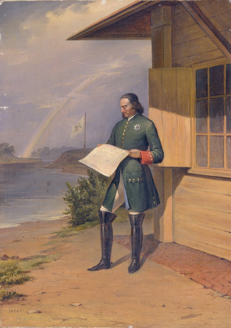 Peter I. na břehu řeky Něvy, 1843 od Anton Ivanovich Ivanov