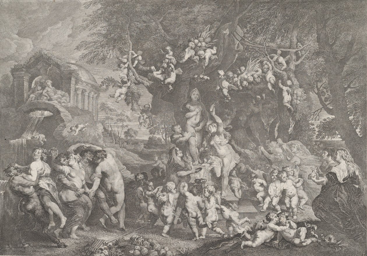 Svátek Venuše se skupinami satyrů, nymf a putti tančících kolem sochy Ve..., 1732. od Anton Joseph von Prenner