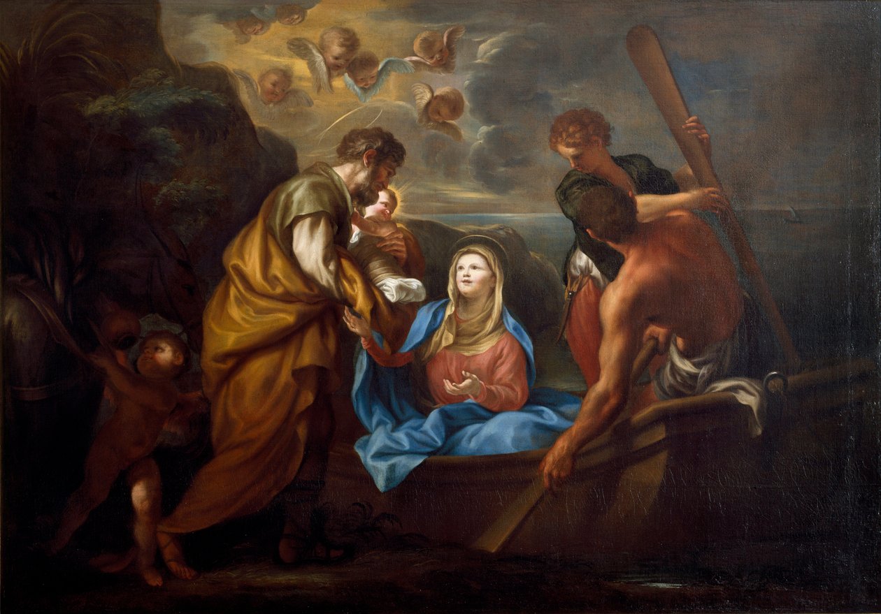 Let do Egypta Svatá rodina se nalodí na loď. Obraz Anton Maria Piola (1654-1715) Collezione Banca Carige Genes od Anton Maria Piola
