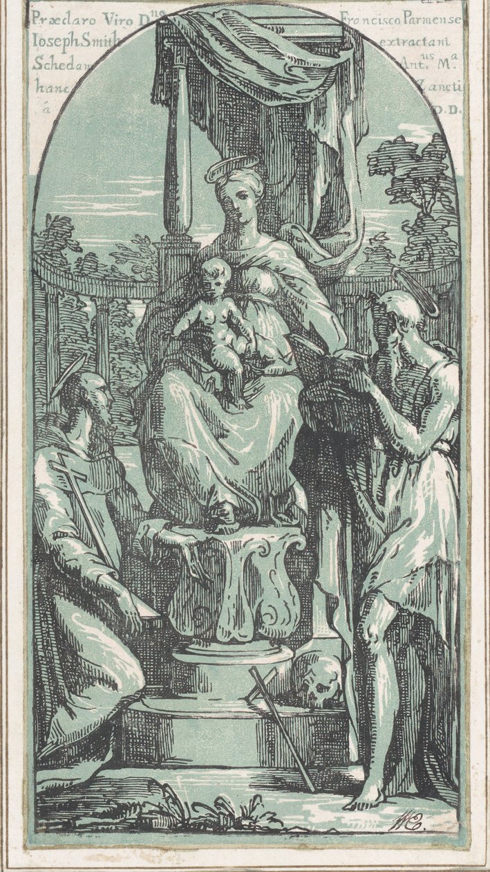 Panna a dítě na trůnu, svatý Jeroným vpravo dole, svatý František..., před rokem 1749. od Anton Maria Zanetti
