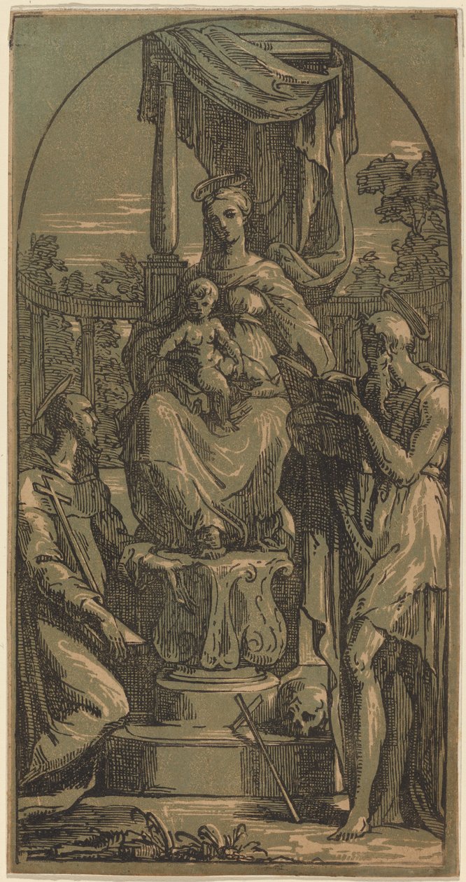 Madona s dítětem na trůnu, svatý Jeroným a svatý František od Anton Maria Zanetti I, after Parmigianino