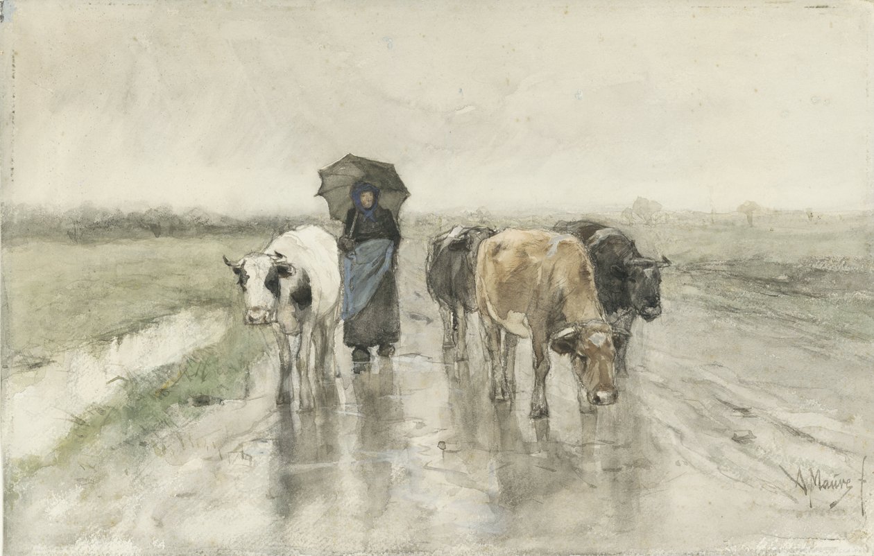 Pastýř s krávami na venkovské cestě v dešti Farmářova žena s krávami na venkovské cestě v dešti od Anton Mauve