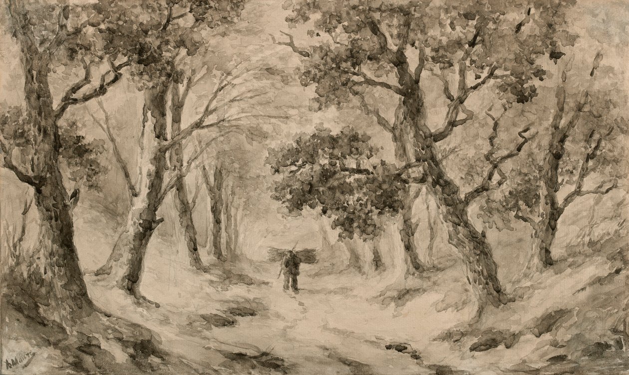 Sběrač dřeva v lese (hnědý inkoust a mytí na lesklém papíře) od Anton Mauve