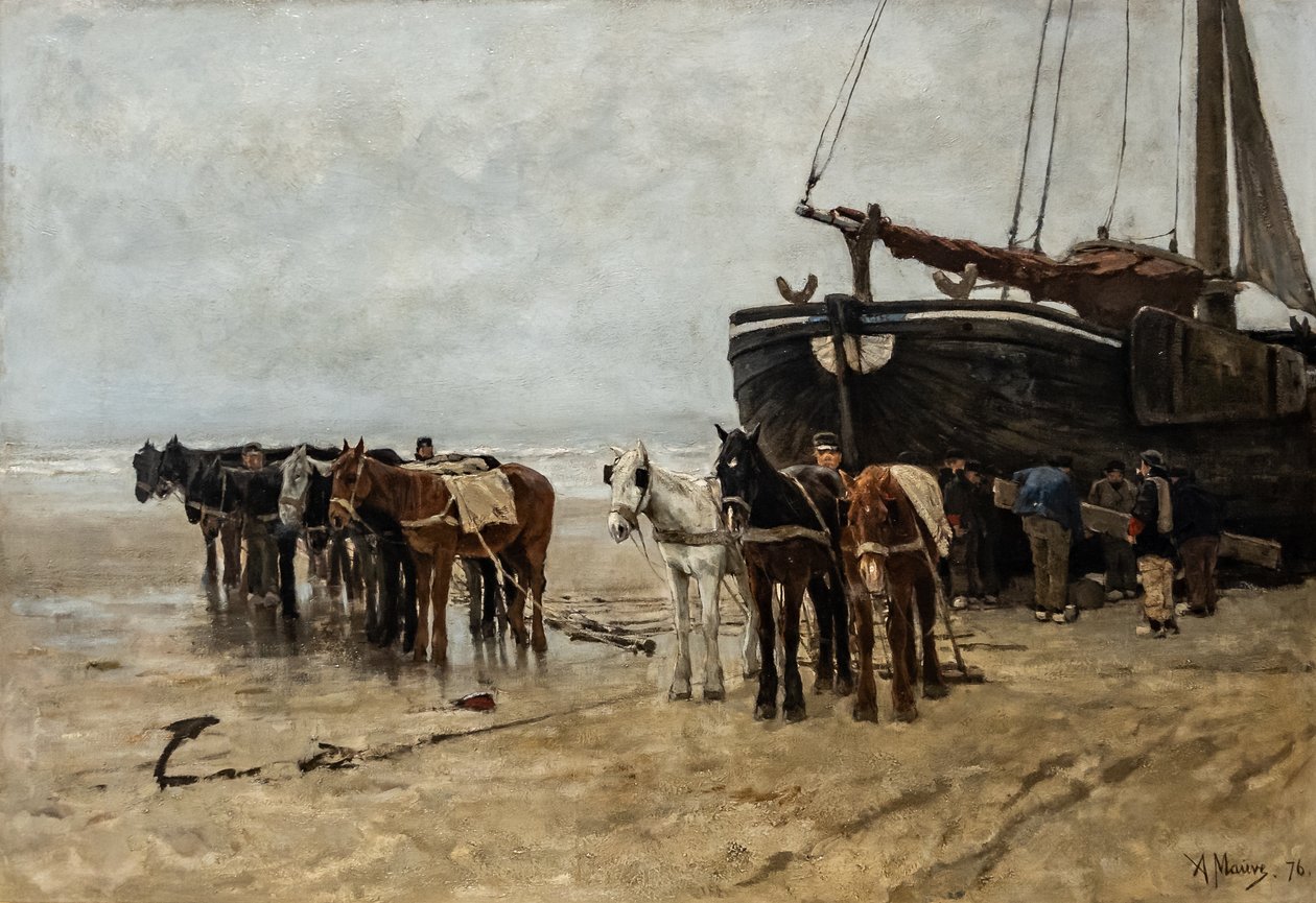 Holandsky: Bomschuit s tažnými koňmi na pláži Scheveningen Rybářský člun s tažnými koňmi na pláži Scheveningen od Anton Mauve