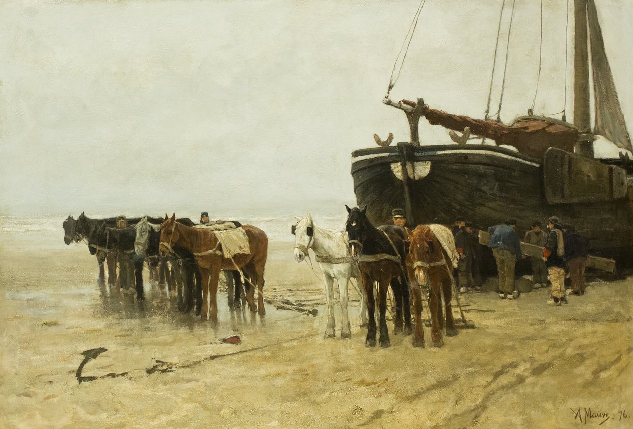 Holandsky: Bomschuit s tažnými koňmi na pláži Scheveningen Rybářský člun s tažnými koňmi na pláži Scheveningen od Anton Mauve