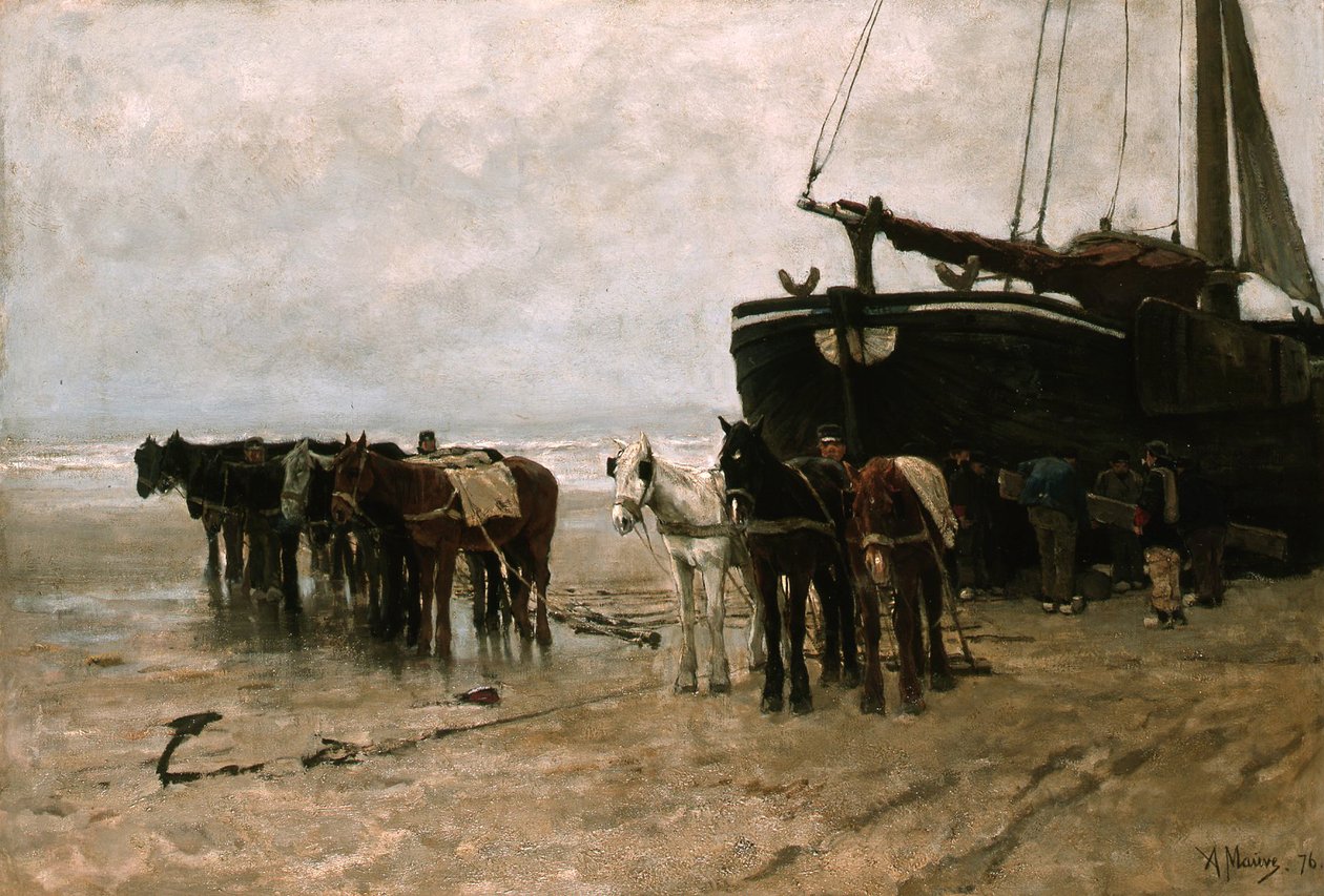 Holandsky: Bomschuit s tažnými koňmi na pláži Scheveningen Rybářský člun s tažnými koňmi na pláži Scheveningen od Anton Mauve