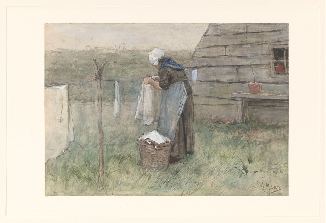 Žena u prádelní šňůry od Anton Mauve