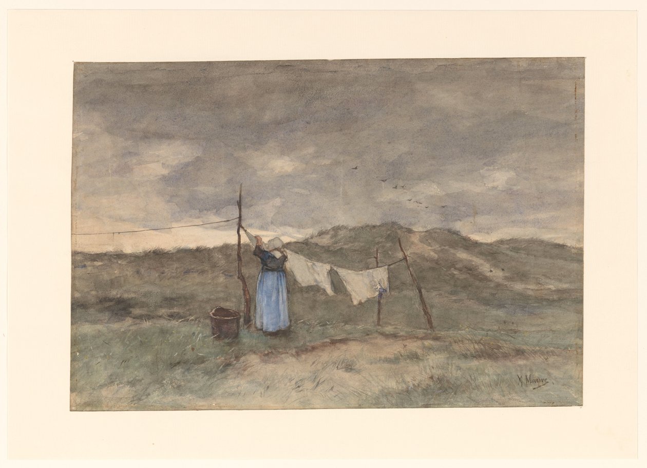 Žena u prádelní šňůry v dunách od Anton Mauve