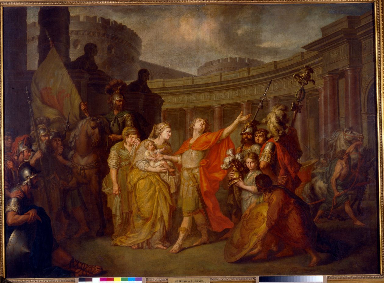 Loučení Hektora a Andromacha: odjezd do trojské války Hektor opouští manželku a syna Astyanaxe (Hektorovo sbohem Andromache) - Olej na plátně Antona Pavloviče Losenka (1737-1773) od Anton Pavlovich Losenko