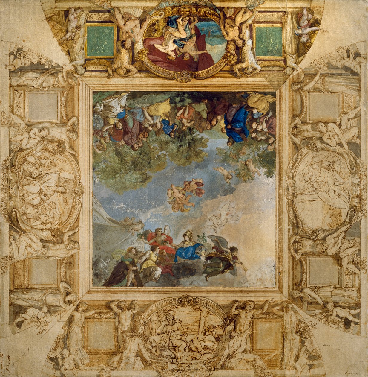 Apollo a Athéna odměňující talenty a Minervu lemované karyatidami a medailony znázorňujícími Mars, Venuši, Herkula a Kybelu, Anton Raphael Mengs od Anton Raphael Mengs