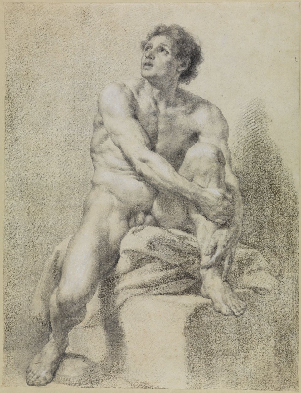 Sedící mužský akt, přibližně z čelního pohledu, s levou nohou zvednutou a podepřenou oběma rukama od Anton Raphael Mengs