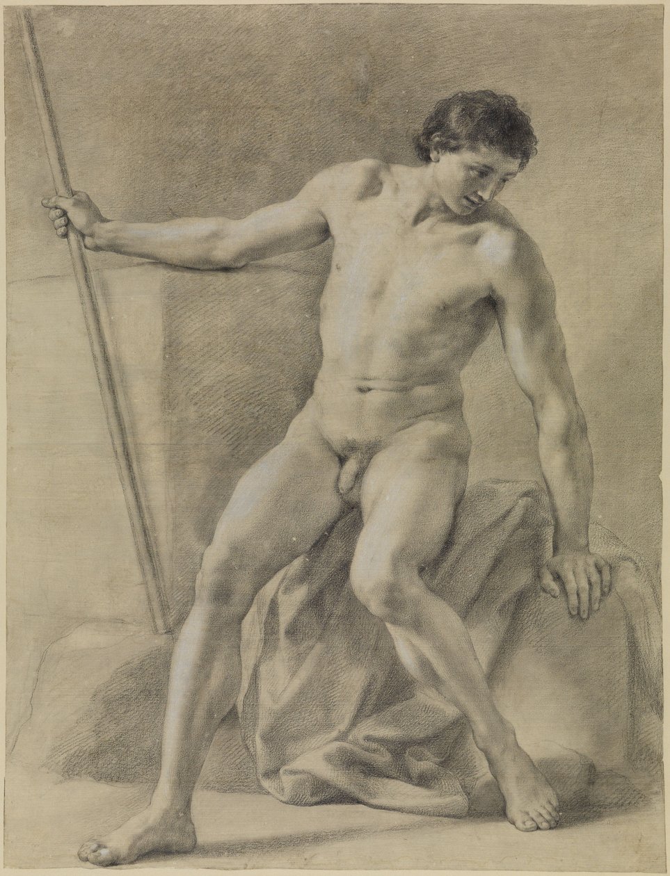 Sedící mužský akt, téměř zepředu, hůl v pravé ruce, hledící dolů od Anton Raphael Mengs