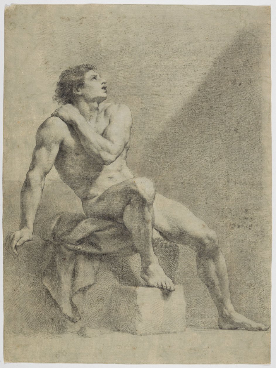 Sedící mužský akt, šikmo doprava, vzhlížející nahoru od Anton Raphael Mengs