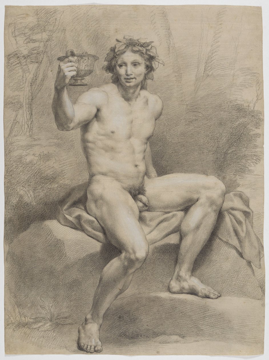 Sedící mužský akt, nakloněný doprava, s vinným věncem a pohárem v pravé ruce od Anton Raphael Mengs