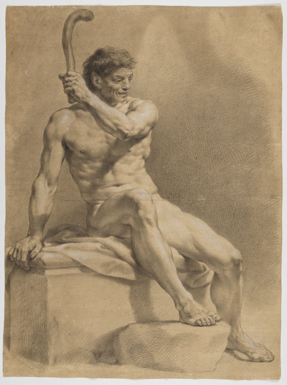 Sedící mužský akt, šikmo doprava, levicí zvedající malý kyj od Anton Raphael Mengs