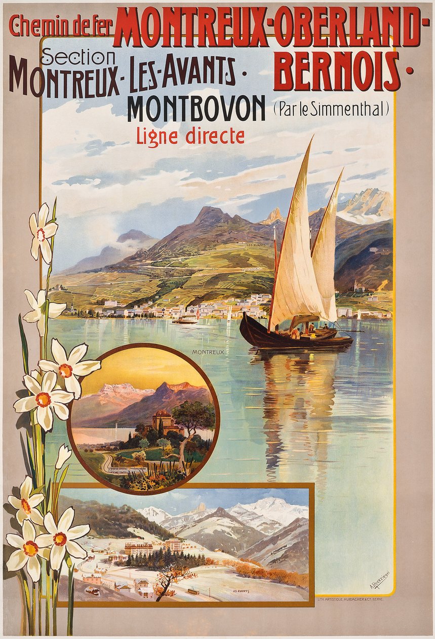 Plakátová reklama jízdy vlakem Montreux-Oberland-Bernois, c. 1910 (barevné lito) od Anton Reckziegel