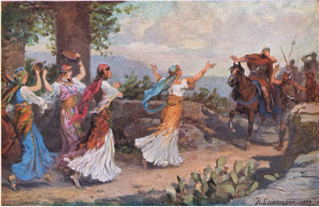 Jephthahova dcera vychází vstříc svému otci, z Hulbertova Story of the Bible vydaného The John Winston Company, 1932 od Anton Robert Leinweber