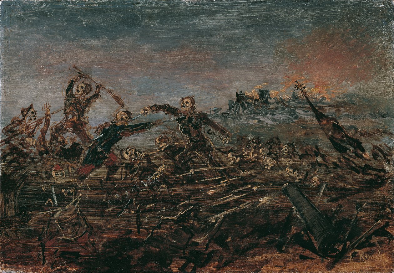 Tanec smrti na bitevním poli před hořícími ruinami, 1882-1885. od Anton Romako