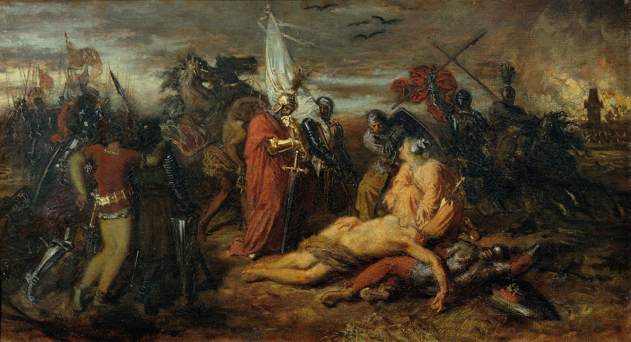 Rudolf von Habsburg u mrtvoly Přemysla Otakara, krále českého od Anton Romako