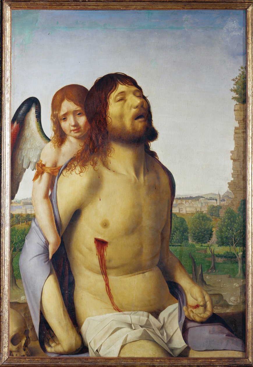 Mrtvý Kristus podpíraný andělem (malba na dřevě) od Antonello da Messina