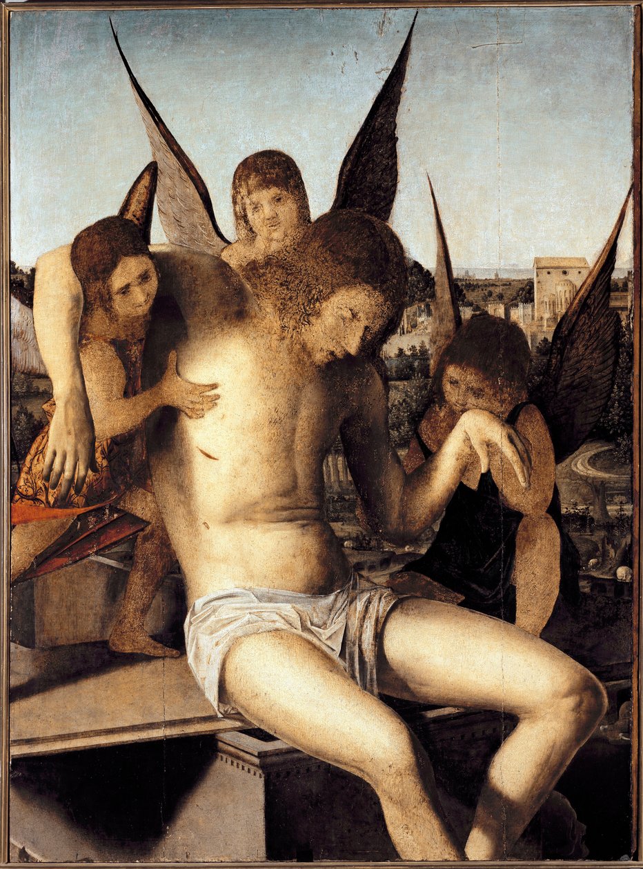 Pieta se třemi anděly Mrtvý Kristus podepřený třemi anděly na jeho hrobě Malba Antonella di Antonio dit Antonello da Messina (1430-1479) 1475 Dim 145* 85 cm Benátské Museo Correr od Antonello da Messina