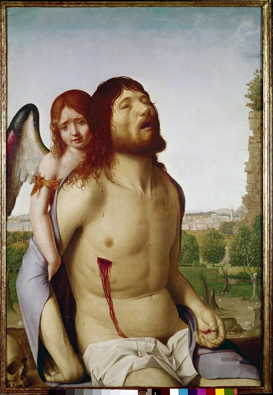 Mrtvý Kristus podepřený andělem. (olej na panelu od Antonello da Messina