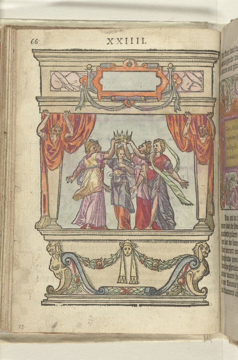 Jeviště, ve kterém personifikace Slávy, Majestátu, Velkorysosti, Velkoleposti a Skromnosti společně drží korunu, 1578 od Antoni van Leest