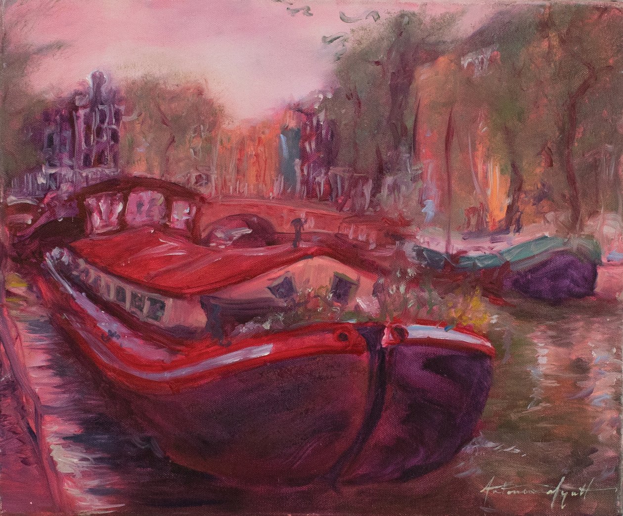 Amsterdam Barge, cca 2006 (olej na plátně) od Antonia Myatt
