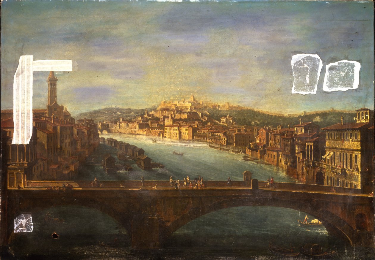 Pohled na Veronu s kostelem S. Anastasia, Castel San Pietro, Castel San Felice a Ponte Nuovo přes řeku Adige, 1735 od Antonio de dipi Joli