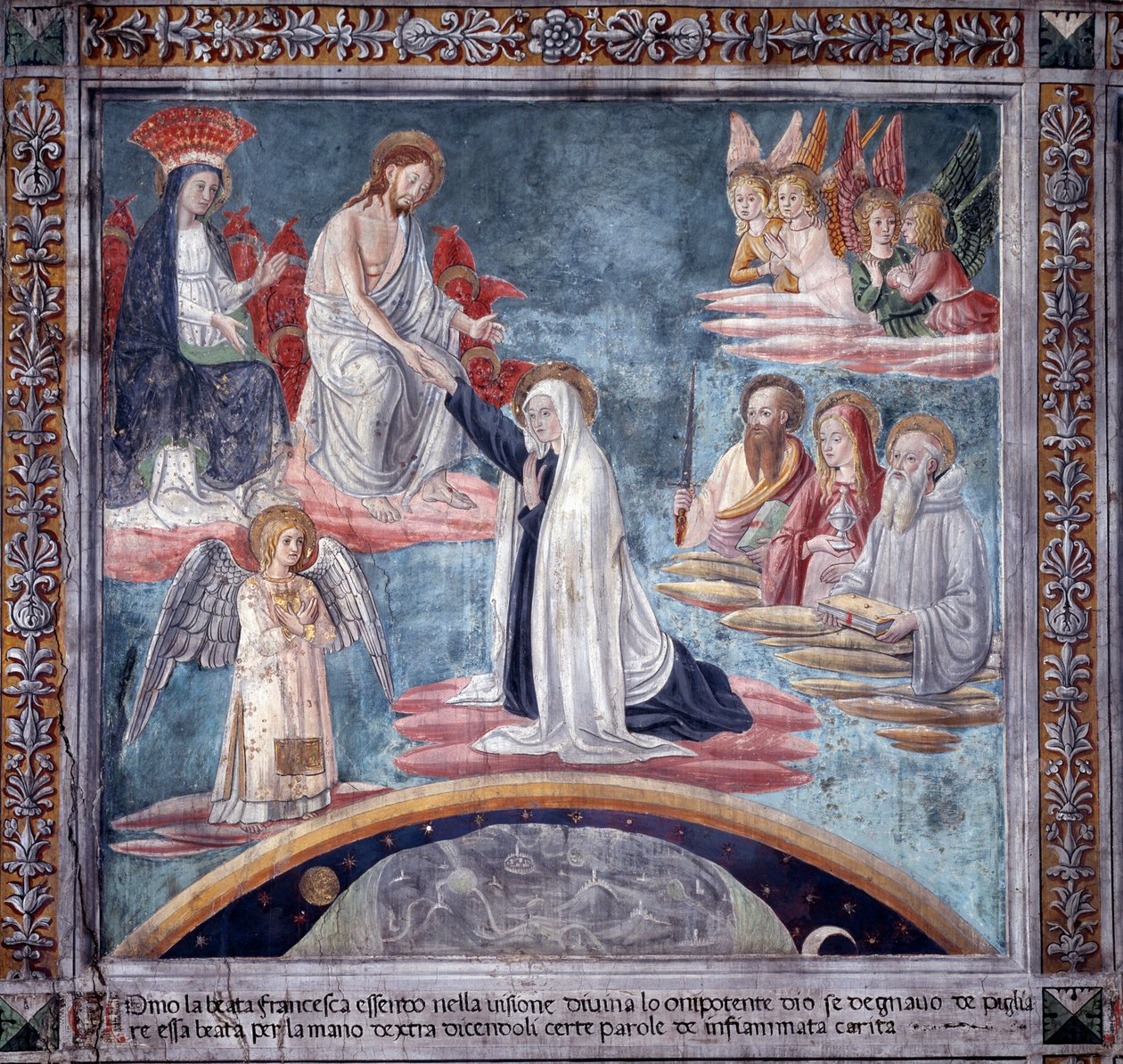 Život sv. Francescy Romana: Během extáze vezme Božský Vykupitel Francescu za pravou ruku (Fresco od Antoniazzo Romano