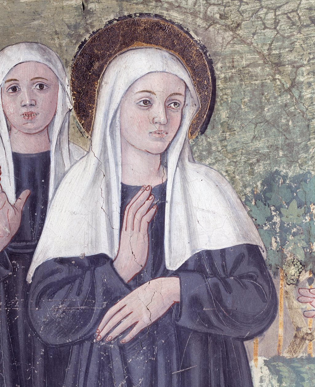 Život svaté Francescy Romany: Při návratu z baziliky svatého Pavla byla světice uchvácena extází, v proudu, ale vstala dokonale suchá, detail (Freska od Antoniazzo Romano
