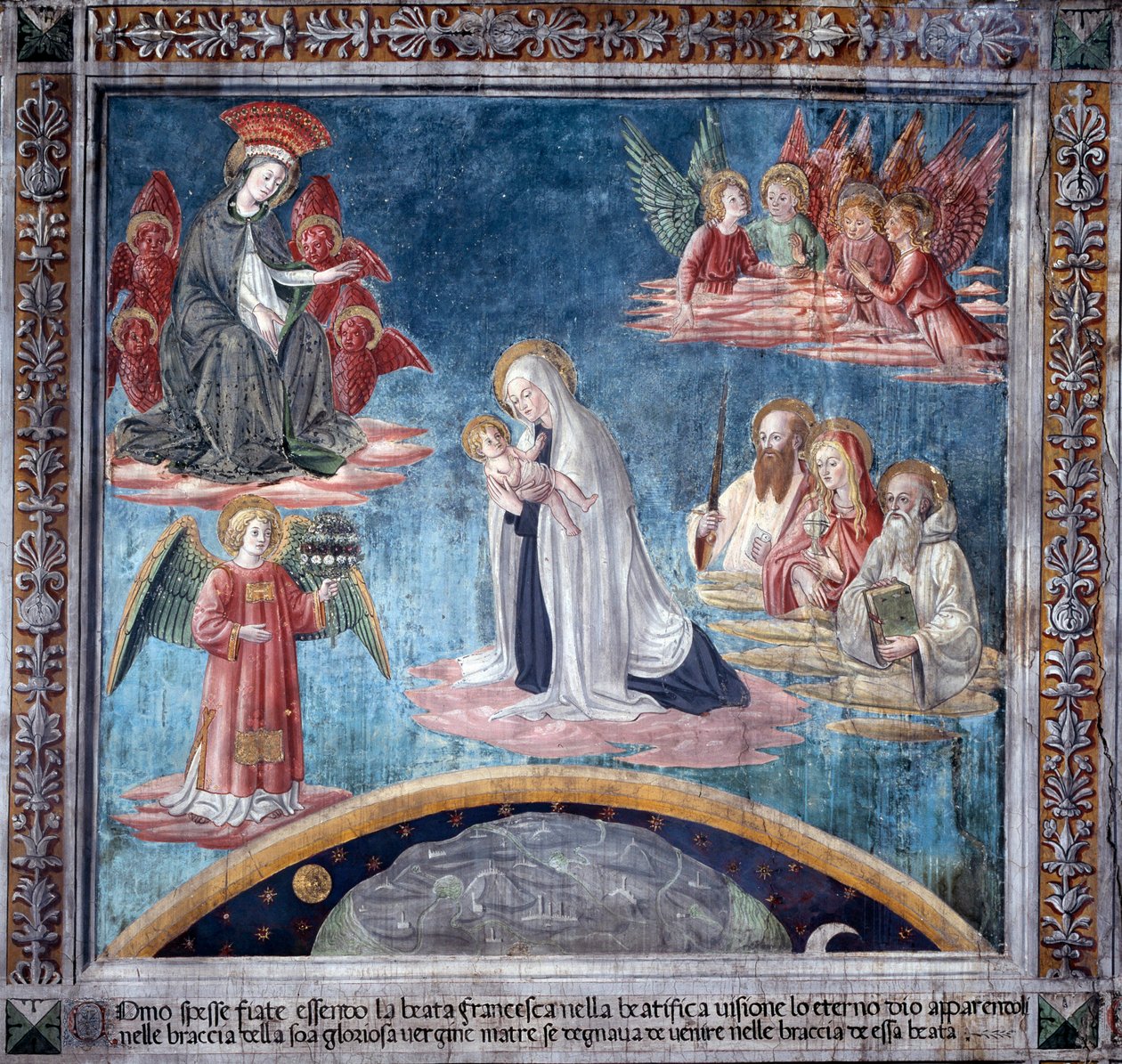 Život sv. Francescy Romana : Francesca několikrát v extázi přijala svaté dítě od Panny Marie (Fresco od Antoniazzo Romano