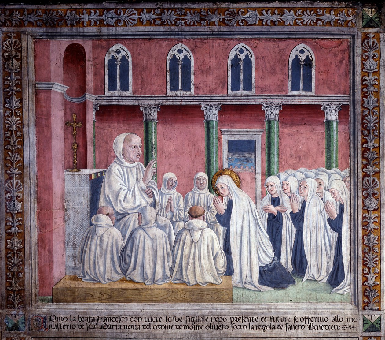 Život sv. Francesca Romana: Světec a obláti se nabízejí benediktinskému řádu a usazují se v kostele santa maria nova v Římě (Fresco od Antoniazzo Romano