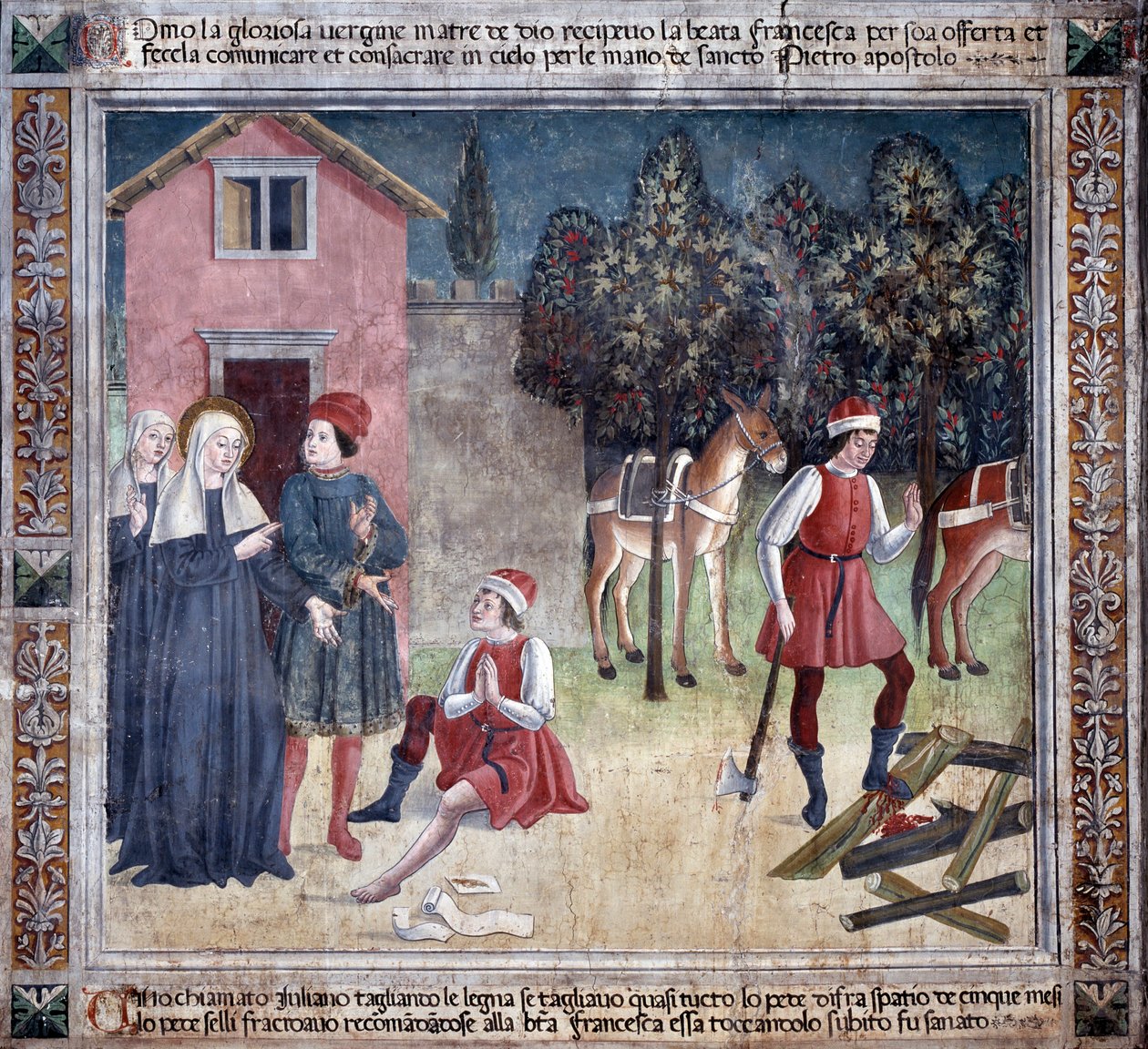 Život svaté Francesky Romany: Světice uzdravuje muže se zraněnou nohou (Fresco od Antoniazzo Romano