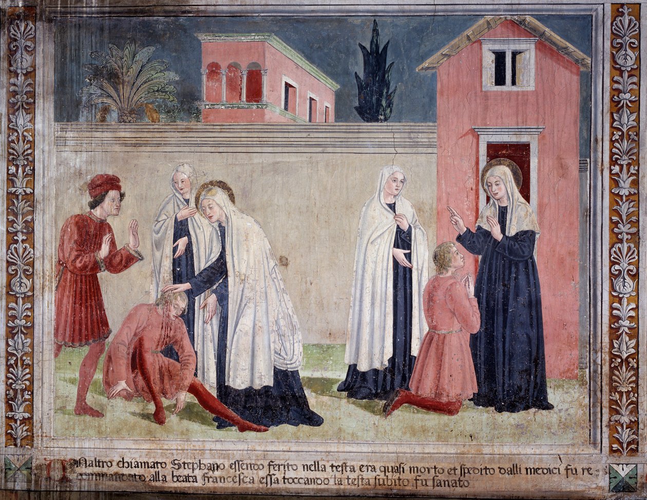 Život svaté Francescy Romany: Světec uzdravuje muže zraněného na hlavě (Fresco od Antoniazzo Romano